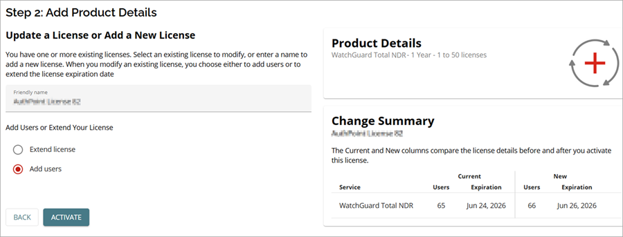 Screenshot of add user or extend your license section